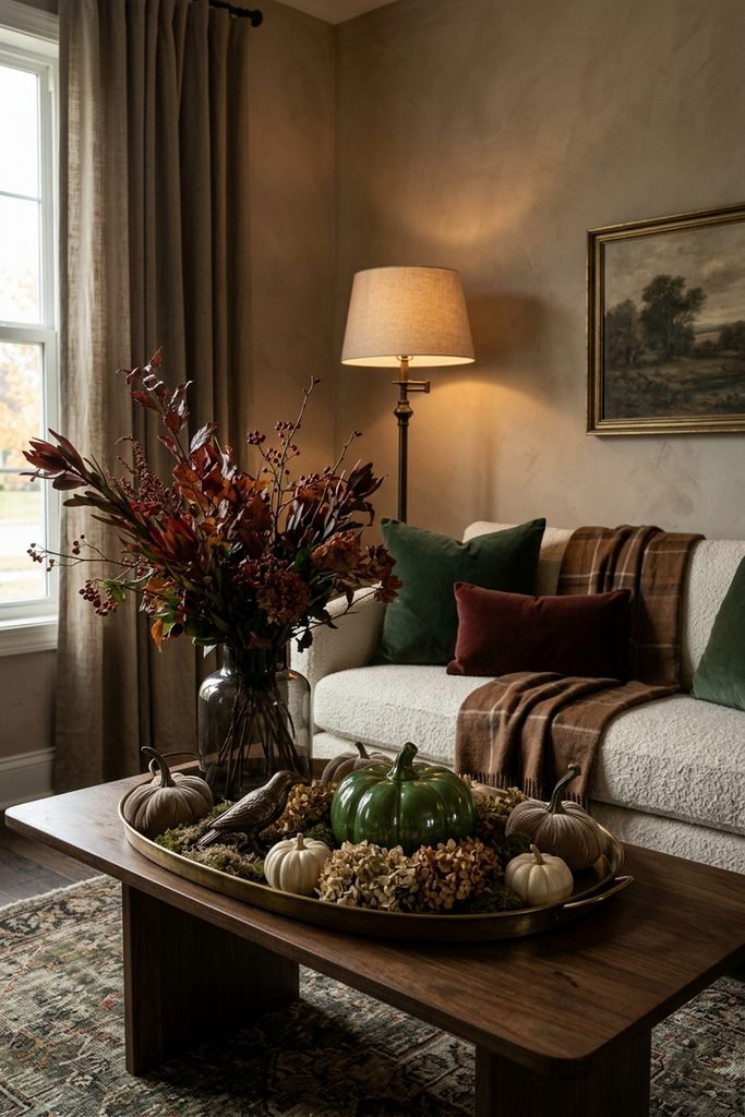 Moody cream living room with burgundy foliage, a glossy green pumpkin, pale pumpkins, a bronze raven, green pillows, and a plaid throw.