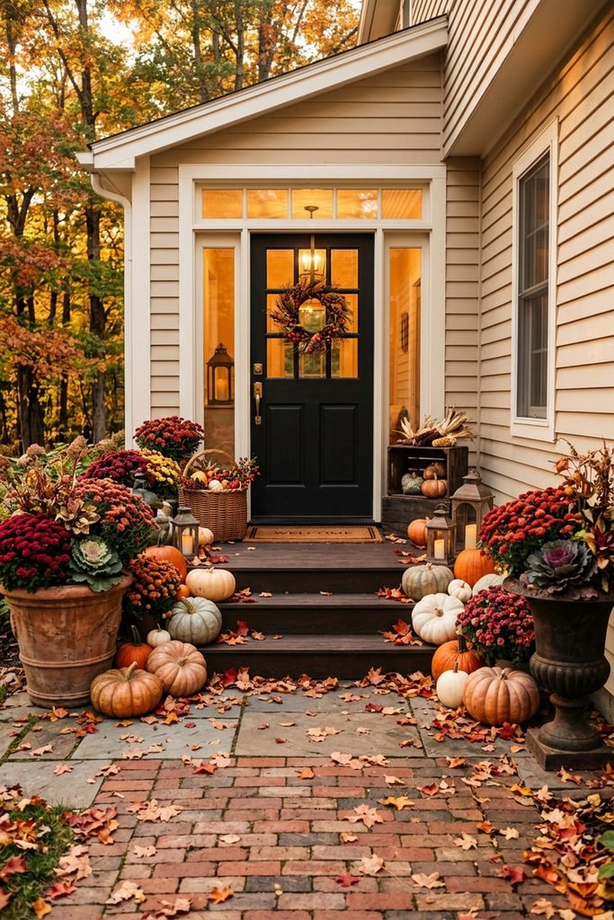 Fall front porch with a black door, mums, pumpkins, lanterns, and scattered autumn leaves.