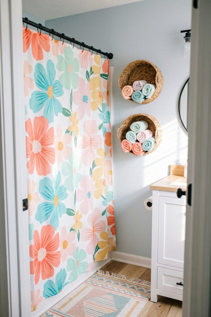 Colorful floral shower curtain beside two woven wall baskets filled with rolled coral, mint, blue, and blush towels.