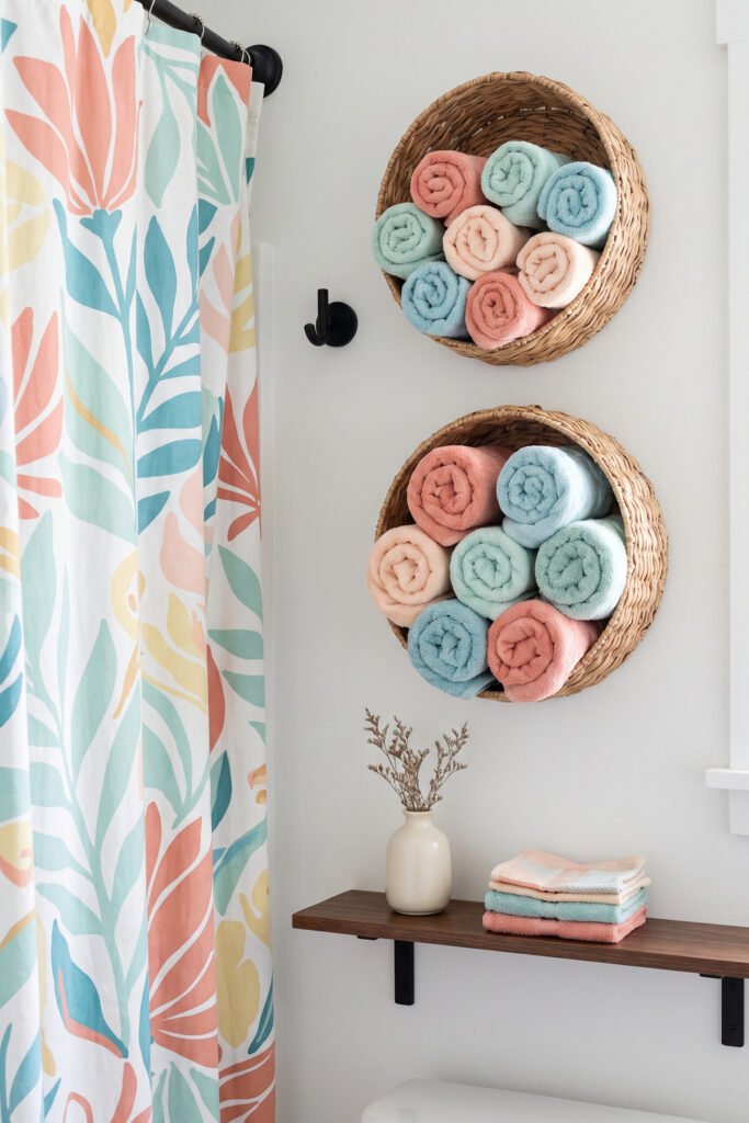 Close view of pastel rolled towels arranged in two round woven wall baskets beside a colorful botanical shower curtain.