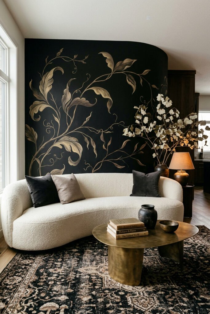 22 Black Nouveau Decor Ideas That Feel Dark, Rich, and Artful 3 Cream curved sofa beneath a black-and-gold botanical mural, paired with a brass coffee table and dark patterned rug.