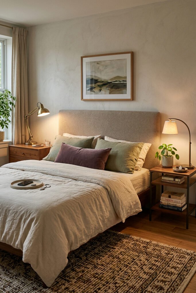 16 Cozy Bedroom Ideas for Couples to Create a Warm Shared Retreat 3 Mushroom upholstered bed with olive and plum pillows, mismatched walnut bedside tables, different reading lamps, and a dark patterned rug.