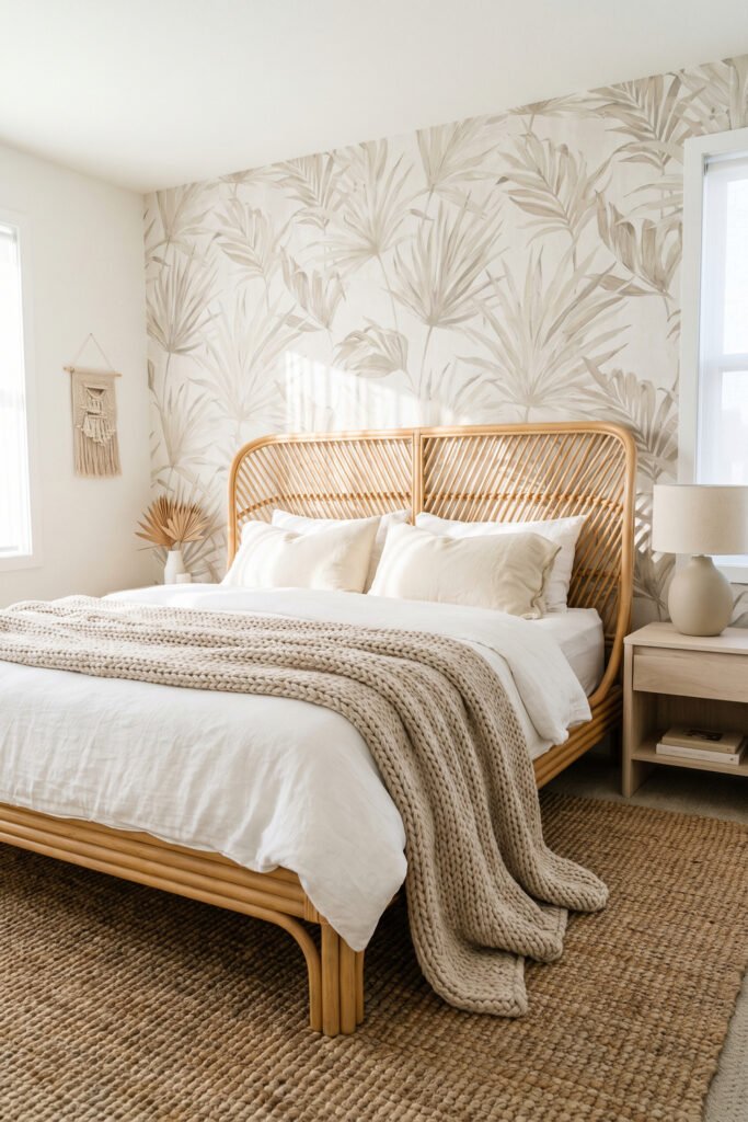 Rattan bed, white bedding, thick beige knit, neutral palm wallpaper, pale wood table, and woven rug