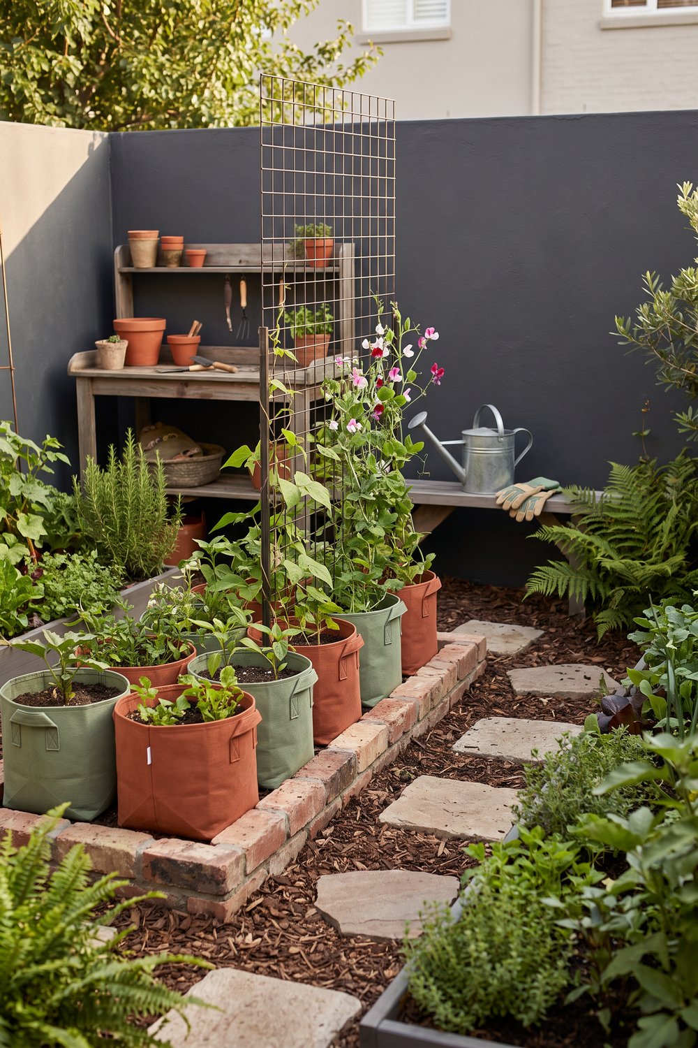 Compact garden with fabric grow bags, a wire trellis, brick-edged planting areas, a stepping-stone path, and a wooden potting bench.