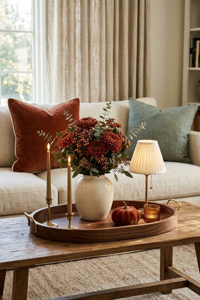 Oval walnut tray with rust mums in an ivory vase, two brass tapers, a pleated lamp, a velvet pumpkin, and amber glass.