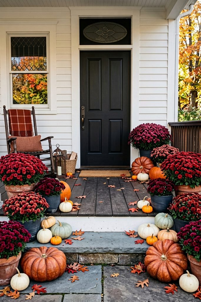 Front porch with a black door, rocking chair, large burgundy mums, and mixed pumpkins.