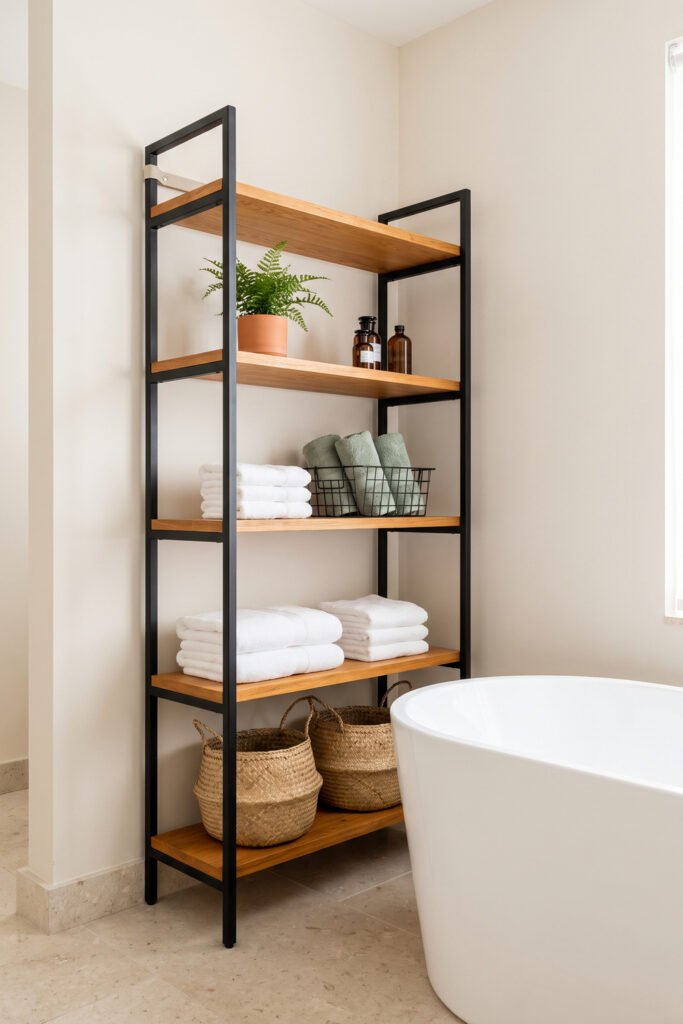 Tall black-and-wood bathroom shelf stores folded white towels, sage hand towels, woven baskets, amber bottles, and a potted fern.