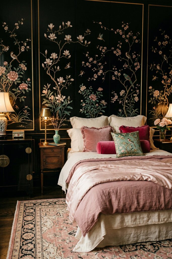22 Black Nouveau Decor Ideas That Feel Dark, Rich, and Artful 12 Blush and cream bed against black floral panels with birds, pink rug, jade cushion, dark cabinets, and brass lighting.
