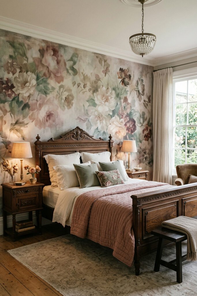 16 Cozy Bedroom Ideas for Couples to Create a Warm Shared Retreat 12 Carved walnut bed against a large faded floral mural, with ivory bedding, sage pillows, dusty rose quilt, warm lamps, and chandelier.
