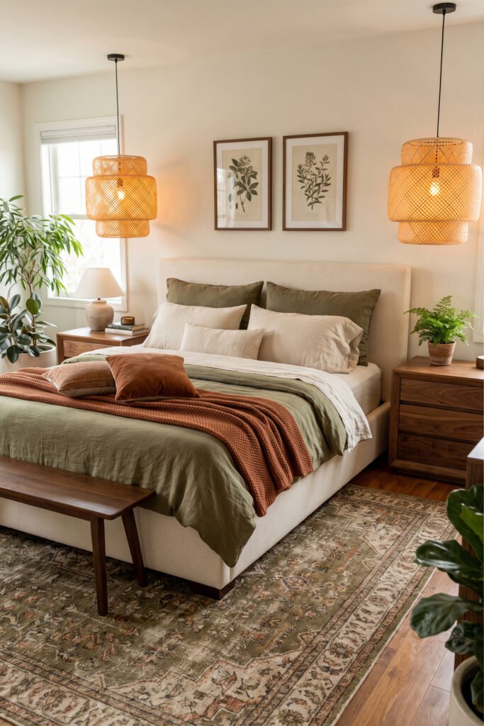 Olive bedding with terracotta throw, rattan pendant lights, walnut furniture, botanical art, plants, and patterned rug