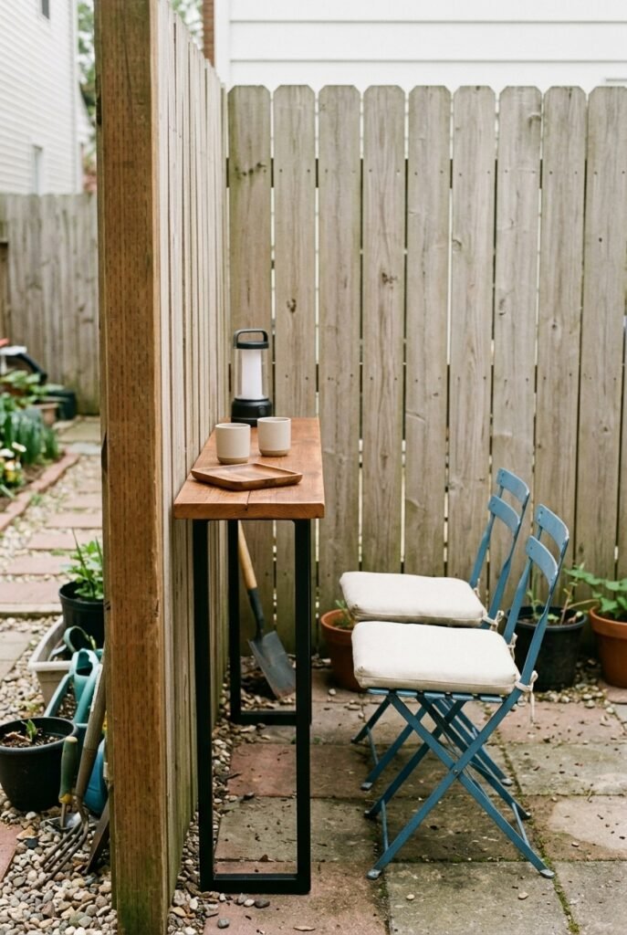 Slim wood drink ledge runs along a fence and holds two mugs, a tray, and lantern beside a pair of blue folding chairs on a narrow patio.