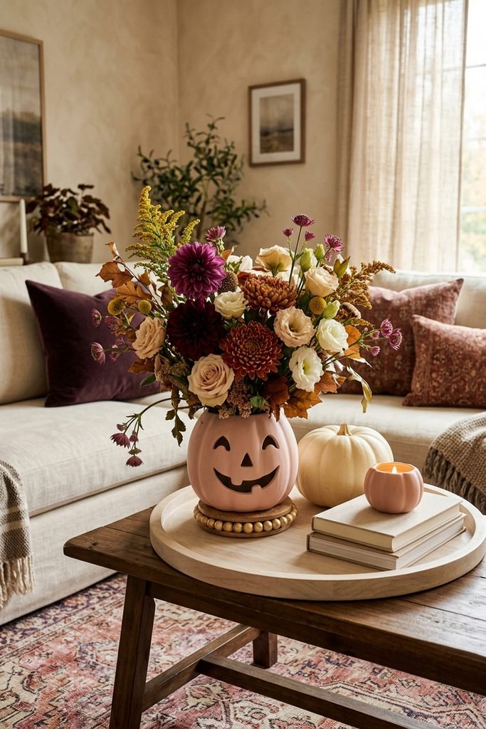 Blush jack-o’-lantern vase filled with plum, rust, and cream flowers beside an ivory pumpkin, pale books, and a matching candle.