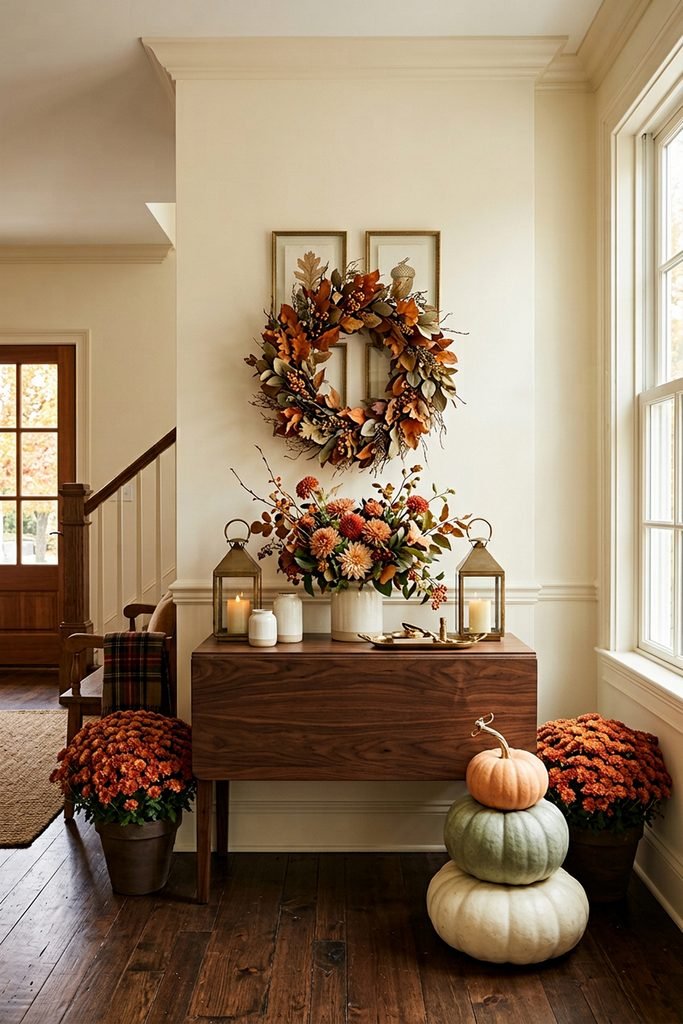 Entryway console with a fall wreath, floral arrangement, lanterns, and stacked pastel pumpkins.