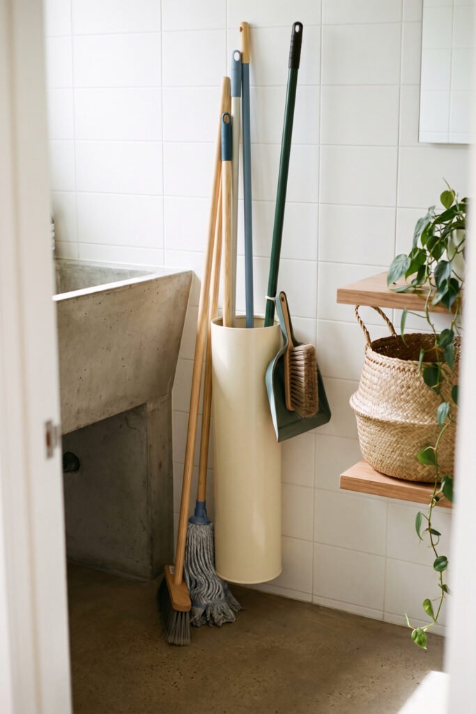 Long-handled brooms, mop, and dustpan are gathered in a tall ivory cylindrical holder beside a concrete utility sink.