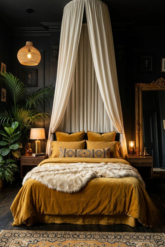 22 Black Nouveau Decor Ideas That Feel Dark, Rich, and Artful 13 Mustard canopy bed with ivory drapery, large palms, gilded mirror, woven pendant, fur throw, and dark walls.