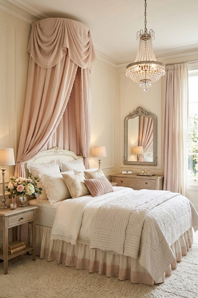 16 Cozy Bedroom Ideas for Couples to Create a Warm Shared Retreat 13 Ivory bed beneath blush canopy drapery, layered lace-trimmed bedding, crystal chandelier, ornate mirror, pale wood furniture, and soft rug.