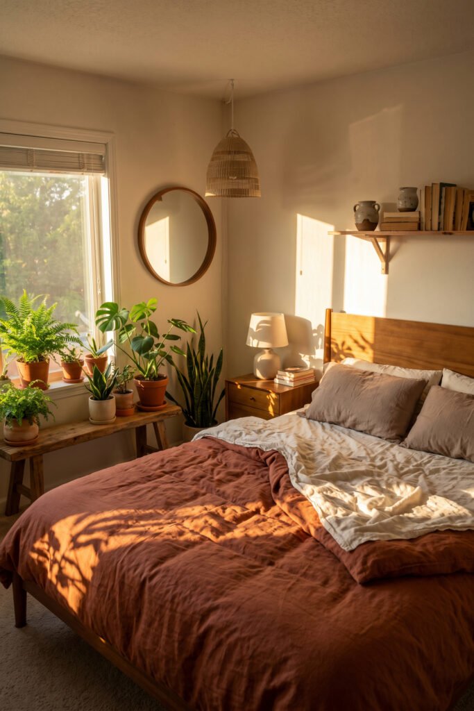 Terracotta bedding in strong golden sunlight beside numerous window plants, round mirror, wood furniture, and woven pendant