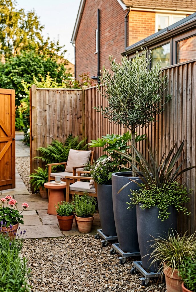 Three tall charcoal planters on wheeled bases create a leafy privacy screen beside a wood fence, with a small seating area behind.