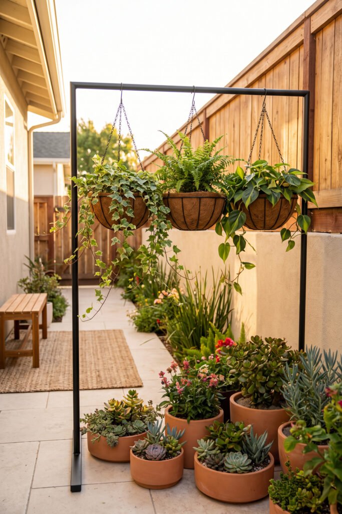 Black metal freestanding frame with three coir hanging baskets above a grouped display of terracotta succulent pots.