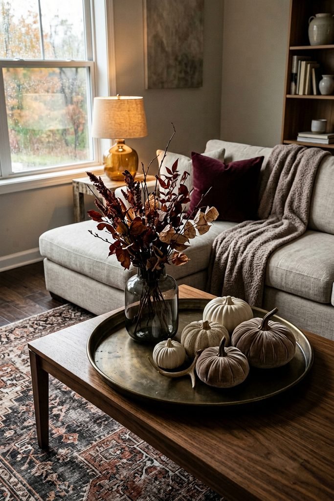 Smoked glass vase with burgundy foliage and ivory and taupe pumpkins arranged on a dark brass tray in a neutral living room.