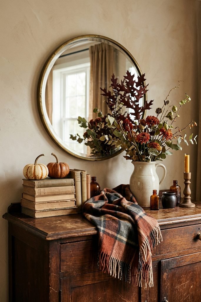Rustic console table with a round mirror, stacked books, plaid throw, candle, and fall stems.