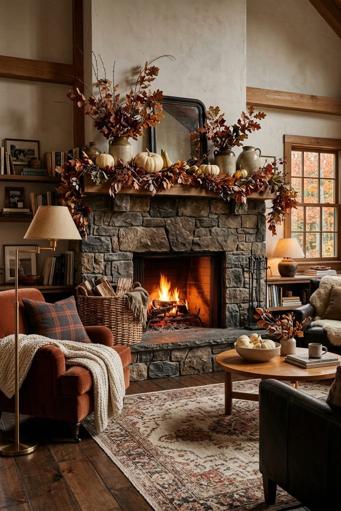 Living room with a stone fireplace mantel decorated with fall garland, ceramic vases, and pumpkins.