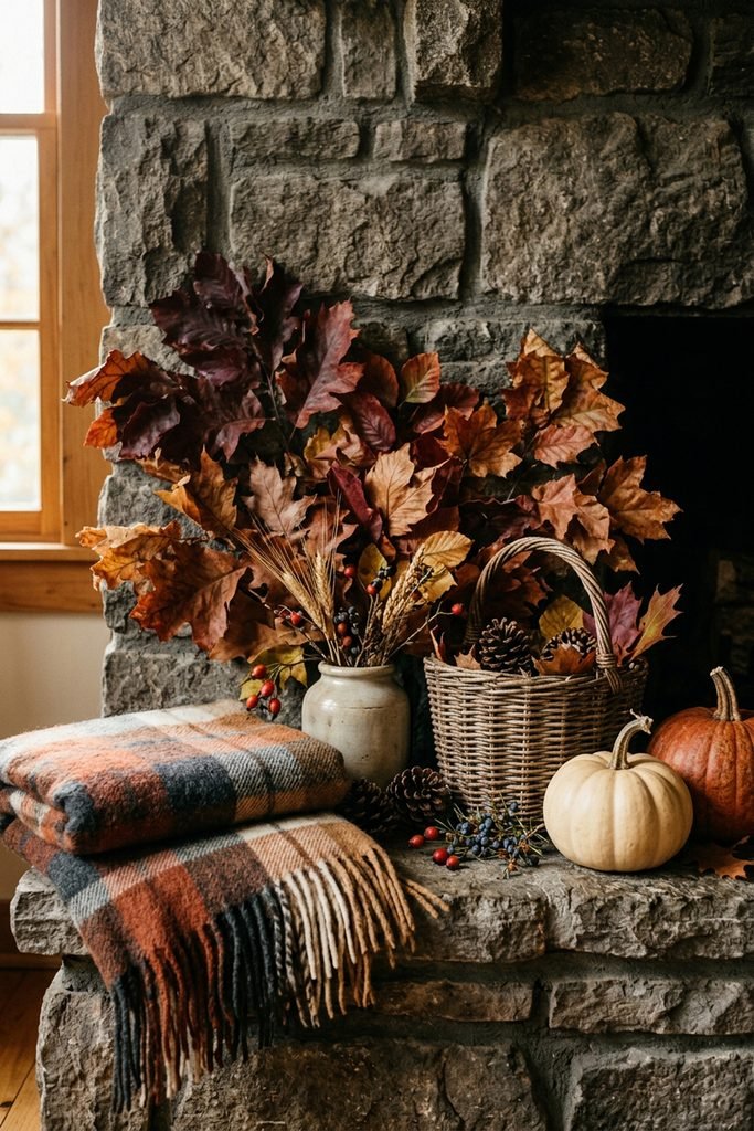 Fireplace hearth with plaid blankets, a basket, dried leaves, and mixed pumpkins.