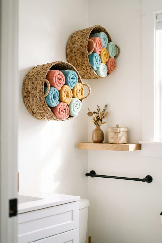 Two round woven wall baskets filled with rolled coral, turquoise, yellow, and mint towels create colorful bathroom storage.