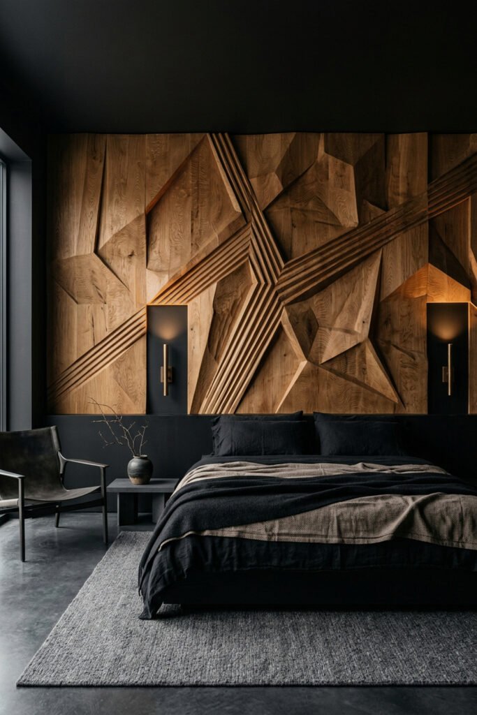 22 Black Nouveau Decor Ideas That Feel Dark, Rich, and Artful 14 Black bedroom with a large geometric wood relief headwall, dark bedding, wall sconces, gray rug, and sculptural chair.