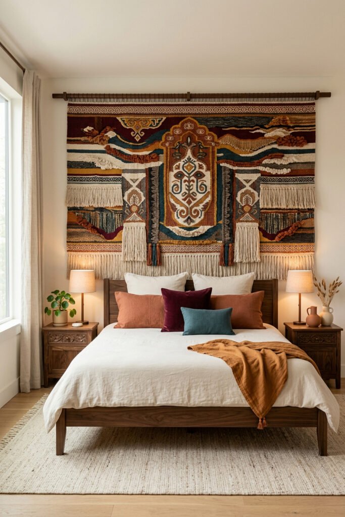 16 Cozy Bedroom Ideas for Couples to Create a Warm Shared Retreat 14 Walnut bed beneath an oversized woven wall textile, with cream bedding, rust, burgundy and teal pillows, carved nightstands, and lamps.