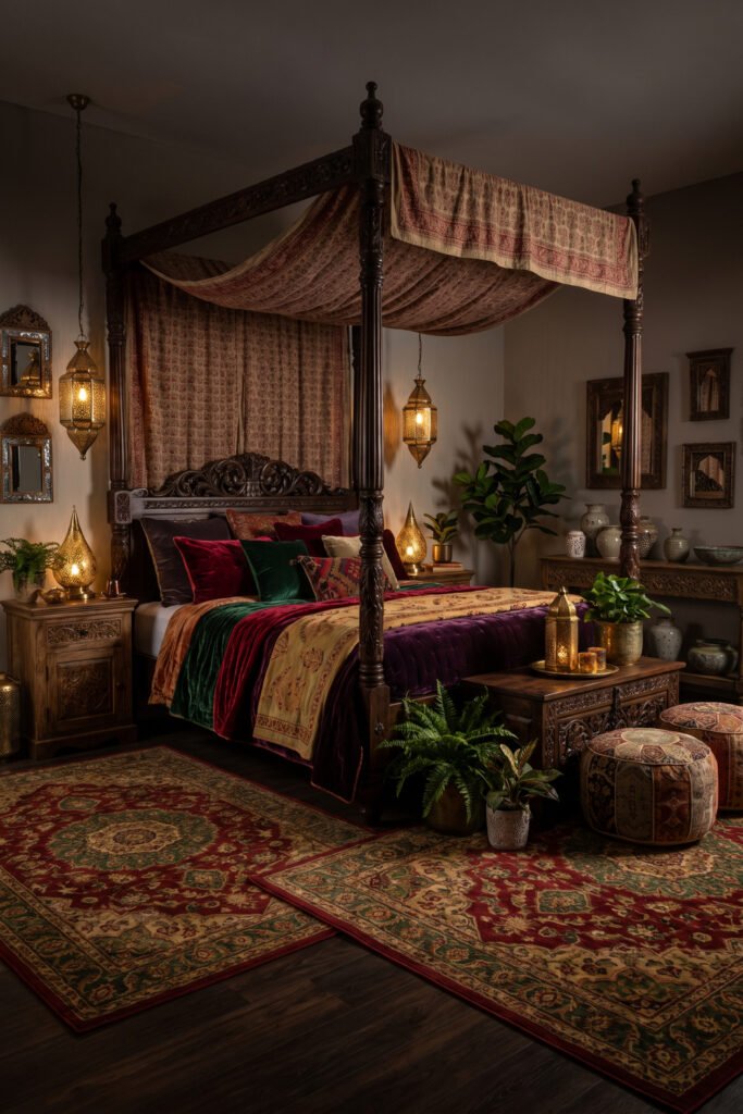 Ornate dark carved canopy bed with crimson, emerald, purple, and gold textiles, lanterns, plants, poufs, carved furniture, and layered rugs