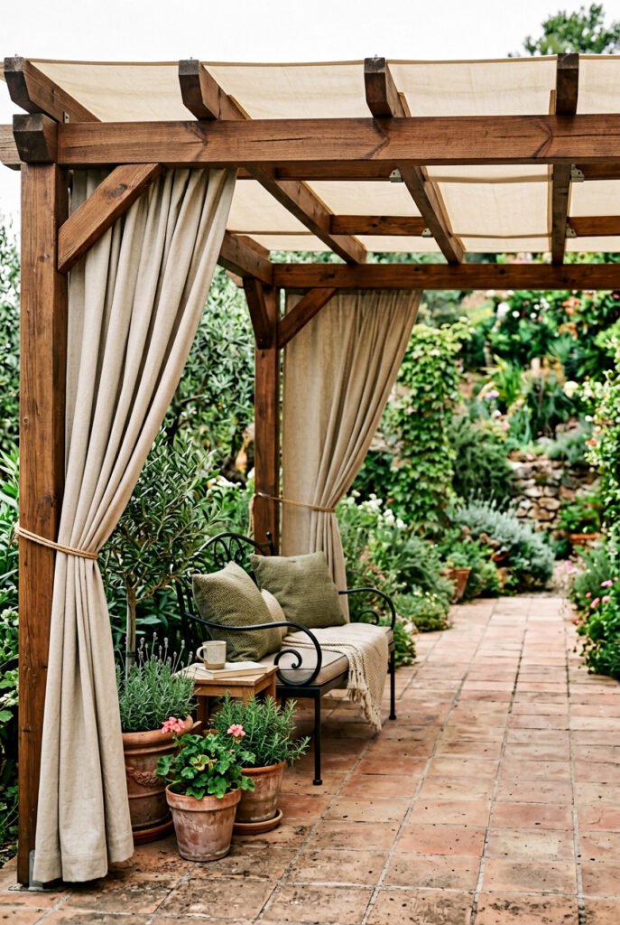 Beige outdoor curtains tied to the posts of a wooden pergola frame a cushioned metal bench and potted flowers along a brick patio.