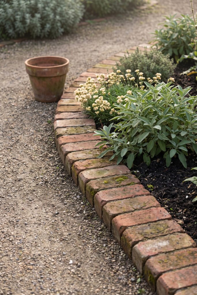 Curved row of weathered reclaimed bricks defining a planted bed of sage and cream flowers beside a gravel path.