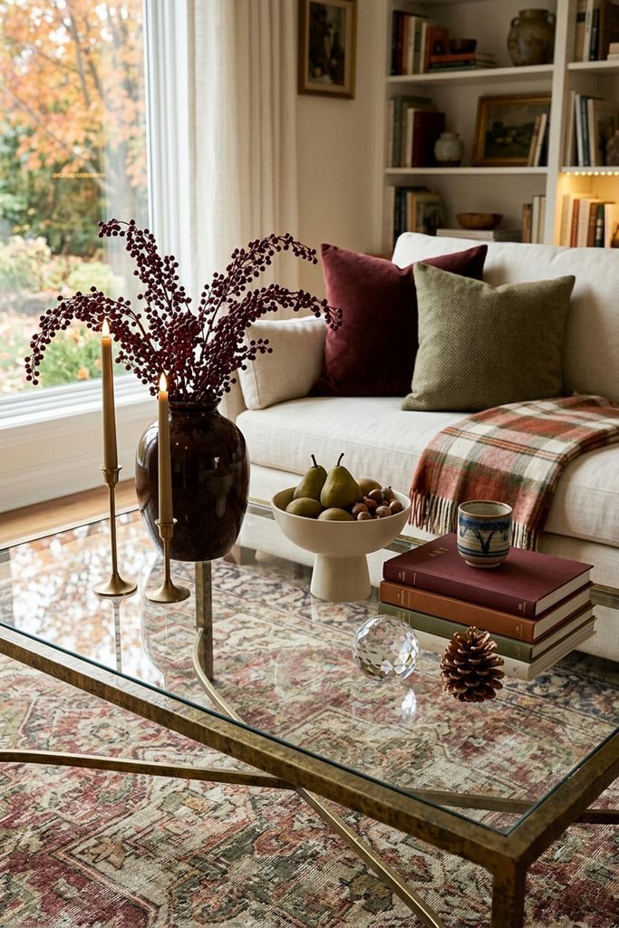 Glass and brass coffee table styled with burgundy berry branches, pears, brass tapers, stacked books, a patterned cup, crystal sphere, and pinecone.
