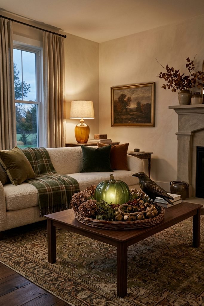 Moody living room with a glowing green pumpkin, dried hydrangeas, moss, bronze raven, plaid throw, green pillows, and amber lamp.