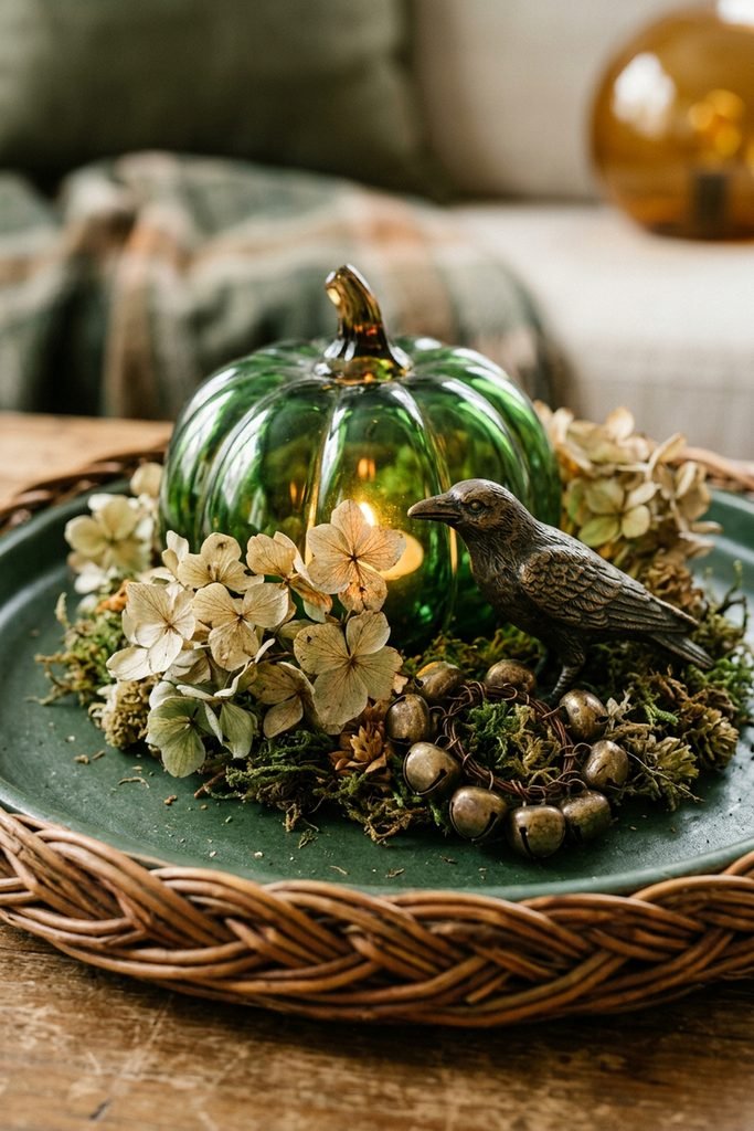 Close view of a glowing green glass pumpkin with dried hydrangeas, moss, a bronze raven, and a wreath of bronze bells.