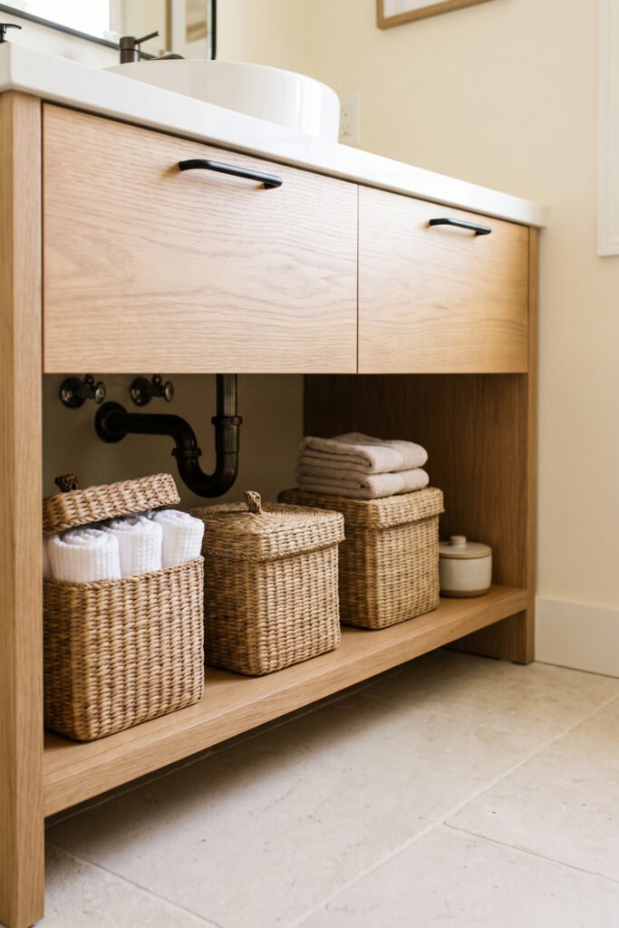Open light wood vanity shelf arranged with matching woven baskets, rolled white washcloths, folded towels, and a small ceramic jar.