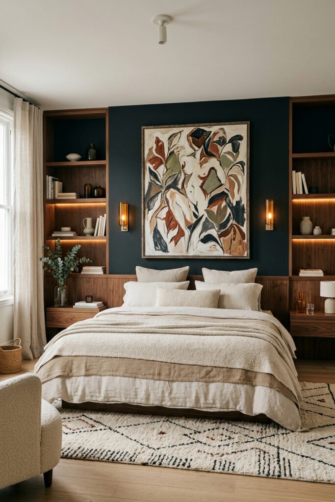 22 Black Nouveau Decor Ideas That Feel Dark, Rich, and Artful 15 Cream layered bed beneath large figurative botanical artwork, framed by walnut shelving, warm lights, and a pale patterned rug.