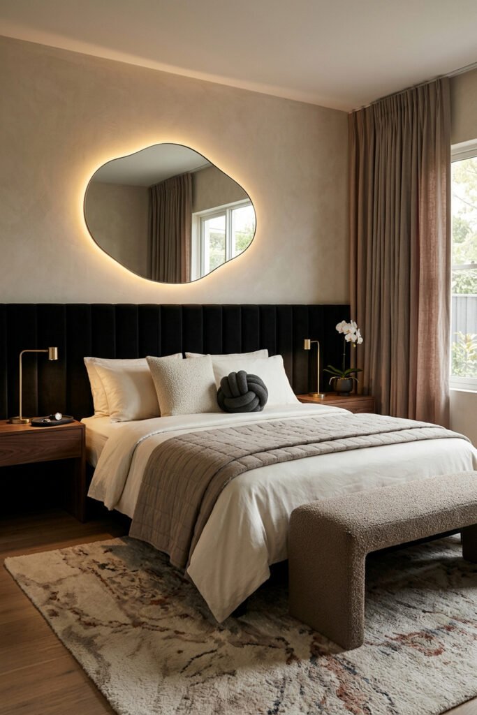 16 Cozy Bedroom Ideas for Couples to Create a Warm Shared Retreat 15 Black channel headboard beneath a glowing organic mirror, with ivory bedding, taupe quilt, knot pillow, brass lamps, bench, and patterned rug.