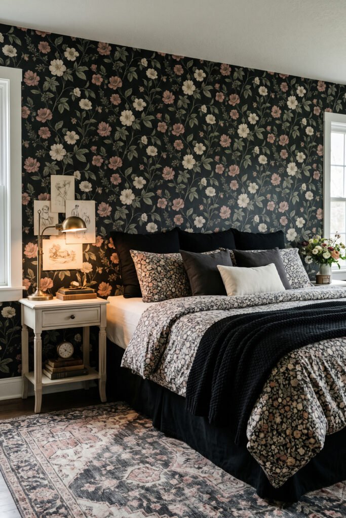 Black floral wallpaper with coordinating floral bedding, black pillows and knit, ivory details, brass lamp, sketches, flowers, and faded rug