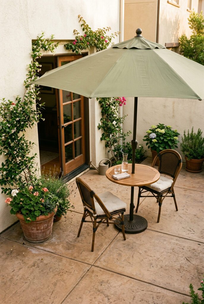 Large sage-green patio umbrella shades a round bistro table and two woven chairs in a compact courtyard framed by flowering planters.