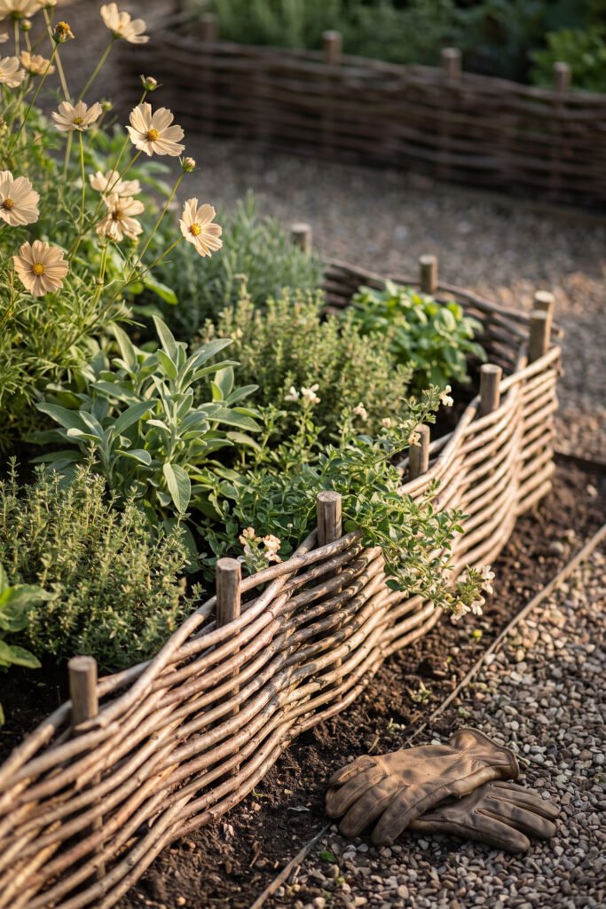 Low woven branch border enclosing a dense herb and flower bed, with leather gardening gloves resting on the gravel path.