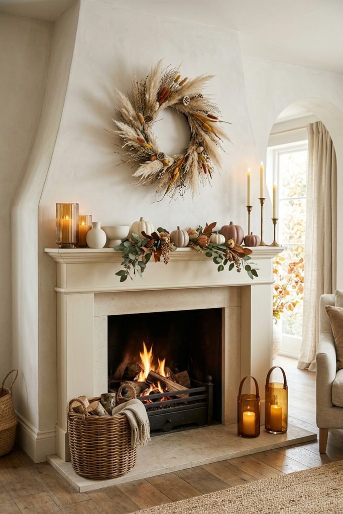 White fireplace mantel with a dried grass wreath, candles, lanterns, and soft-toned pumpkins.