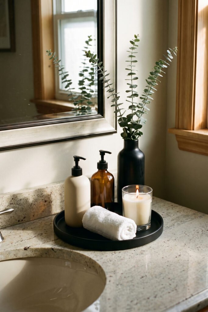 Matte black vanity tray holds cream and amber pump bottles, eucalyptus stems, a lit candle, and a rolled white hand towel.