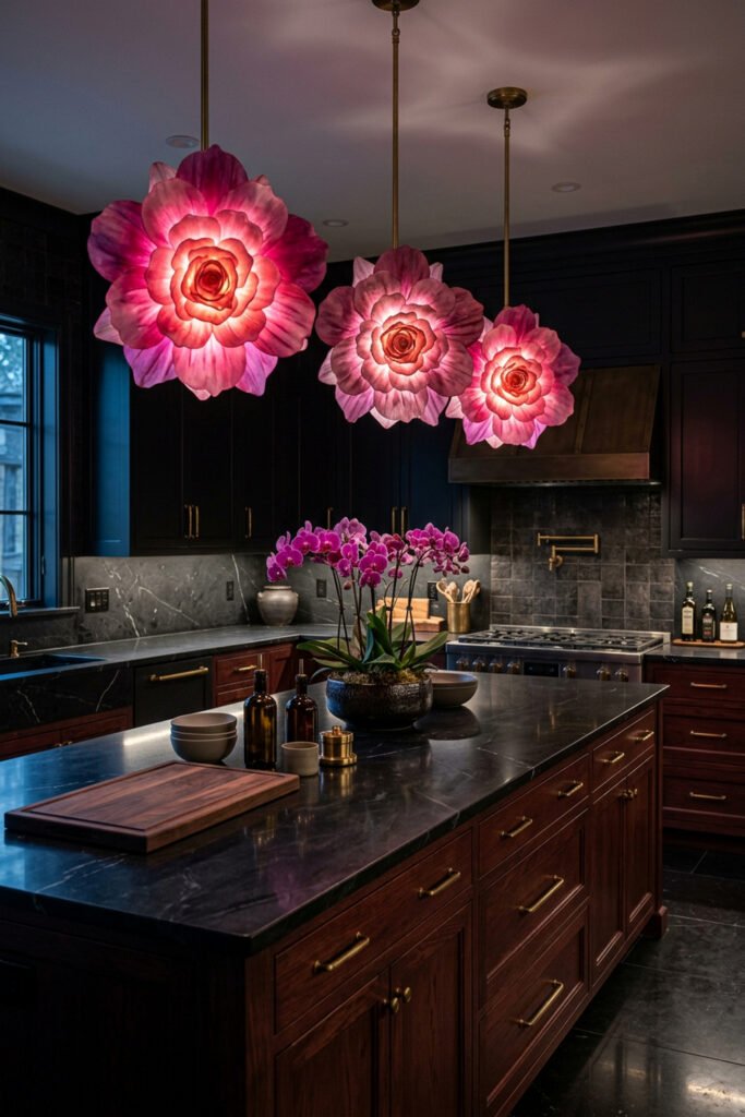22 Black Nouveau Decor Ideas That Feel Dark, Rich, and Artful 16 Dark kitchen with black stone island, three glowing pink flower pendants, orchid arrangement, wood cabinetry, and brass hardware.