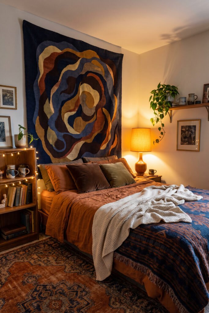 Oversized abstract indigo, rust, cream, and brown tapestry above burnt-orange bedding, books, plants, framed art, string lights, and patterned rugs