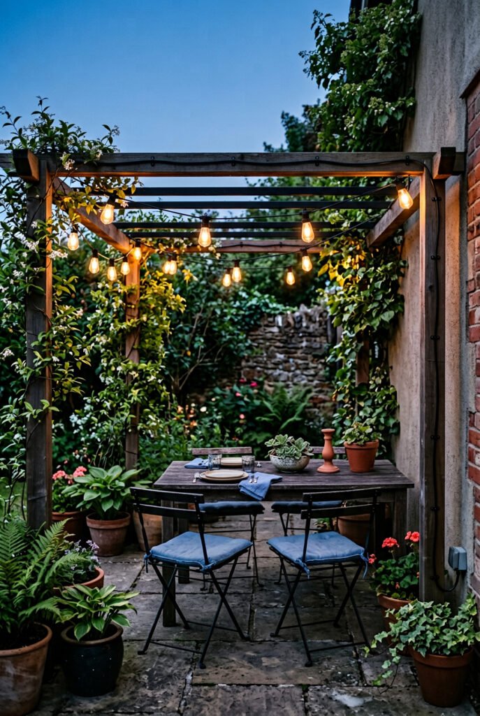 Warm string lights hang across a wooden pergola above a small outdoor dining table, folding chairs, and layered potted plants at dusk.