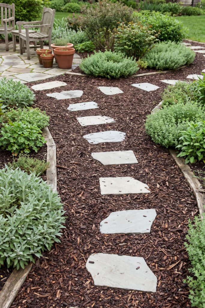 Mulch garden path with irregular pale stepping stones winding between lush planted beds toward a small seating area.