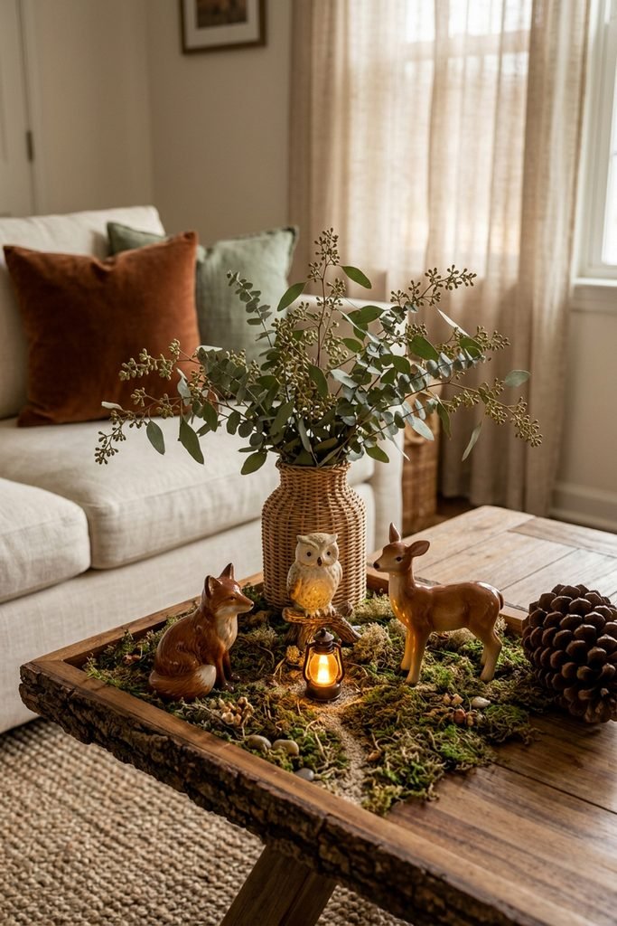 Woodland tray with fox, owl, and deer figurines beneath eucalyptus, with moss, a pinecone, and a glowing miniature lantern.
