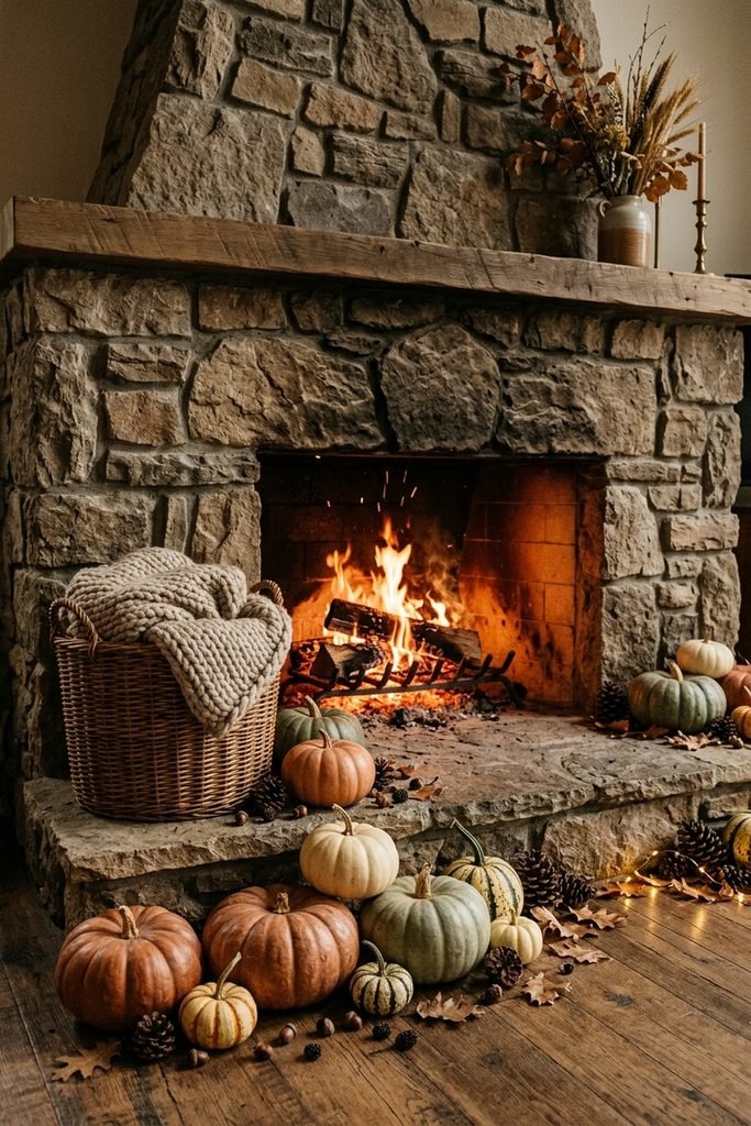 Stone fireplace with a knit blanket basket and mixed pumpkins arranged across the hearth.